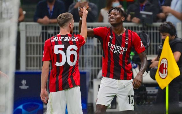 AC Milan's Portuguese forward Rafael Leao (R) celebrates with AC Milan's Belgian midfielder Alexis Saelemaekers