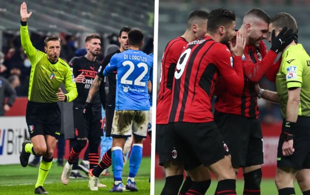 Italian referee signals that a last minute equalizer scored by AC Milan is not allowed after he checked the VAR screen, during the Italian Serie A football match between AC Milan and Napoli on December 19, 2021 at the San Siro stadium in Milan. (Photo by MIGUEL MEDINA / AFP) (Photo by MIGUEL MEDINA/AFP via Getty Images)
