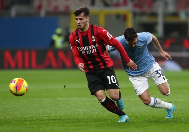 MILAN, ITALY - FEBRUARY 09: Brahim Diaz of AC Milan competes for the ball with Danilo Cataldi of SS Lazio during the Coppa Italia match between AC Milan ac SS Lazio at Stadio Giuseppe Meazza on February 09, 2022 in Milan, Italy. (Photo by Marco Luzzani/Getty Images)