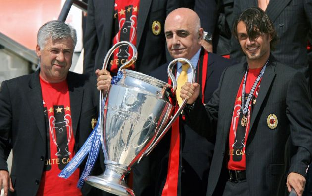AC Milan coach Carlo Ancellotti (L), President Adriano Galliani and captain Paolo Maldini