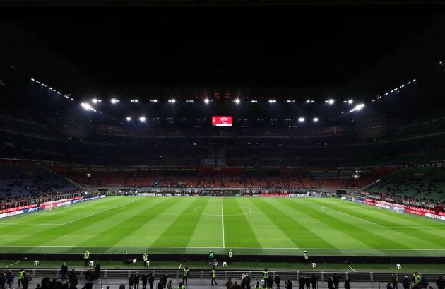 MILAN, ITALY - MARCH 01: General view inside the stadium prior to the Coppa Italia Semi Final 1st Leg match between AC Milan and FC Internazionale at Stadio Giuseppe Meazza on March 01, 2022 in Milan, Italy. (Photo by Marco Luzzani/Getty Images)