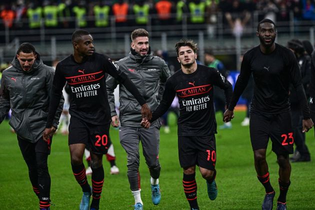 (From L) AC Milan's Algerian midfielder Ismael Bennacer, AC Milan's French defender Pierre Kalulu, AC Milan's Spainish midfielder Samuel Castillejo, AC Milan's Spanish midfielder Brahim Diaz and AC Milan's English defender Fikayo Tomori acknowledge the public at the end of the Italian Serie A football match between AC Milan and Empoli on March 12, 2022 at the San Siro stadium in Milan. (Photo by Miguel MEDINA / AFP) (Photo by MIGUEL MEDINA/AFP via Getty Images)