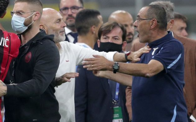 Maurizio Sarri manager of SSC Napoli greets Stefano Pioli