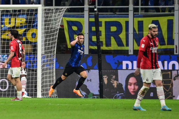Inter Milan's Argentine forward Lautaro Martinez celebrates after scoring his second goal during the Italian Cup (Coppa Italia) semifinal, second leg football match between Inter and AC Milan on April 19, 2022 at the San Siro stadium in Milan. (Photo by MIGUEL MEDINA / AFP) (Photo by MIGUEL MEDINA/AFP via Getty Images)