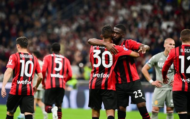 AC Milan's Brazilian midfielder Junior Messias (BACK) is congratulated by AC Milan's English defender Fikayo Tomori (C-R) during the Italian Serie A football match between AC Milan and Genoa at the Giuseppe Meazza Stadium - also called San Siro in Milan, on April 15, 2022. (Photo by MIGUEL MEDINA / AFP) (Photo by MIGUEL MEDINA/AFP via Getty Images)