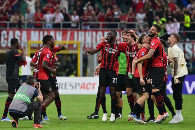 AC Milan players celebrate their 2-0 win over Atalanta