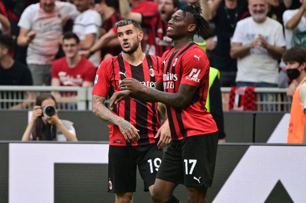 AC Milan's French defender Theo Hernandez (L) celebrates with AC Milan's Portuguese forward Rafael Leao after scoring a goal in the Italian Serie A football match between AC Milan and Atalanta Bergamo at the San Siro stadium in Milan on May 15, 2022. (Photo by MIGUEL MEDINA / AFP) (Photo by MIGUEL MEDINA/AFP via Getty Images)