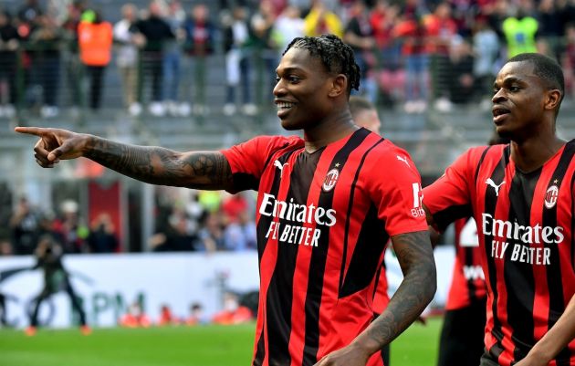 AC Milan's Portuguese forward Rafael Leao (L) celebrates after scoring during the Serie A football match between AC Milan and Fiorentina at Meazza stadium in Milan on May 1, 2022. (Photo by Tiziana FABI / AFP) (Photo by TIZIANA FABI/AFP via Getty Images)