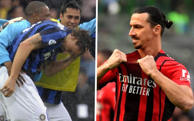 Inter Milan's Swedish forward Zlatan Ibrahimovic (C) is congratulated by teammates after he scored a goal, during the Italian Serie A football match Parma F.C. against Inter Milan at Tardini Stadium in Parma on May 18, 2008. AFP PHOTO DAMIEN MEYER (Photo credit should read DAMIEN MEYER/AFP via Getty Images)