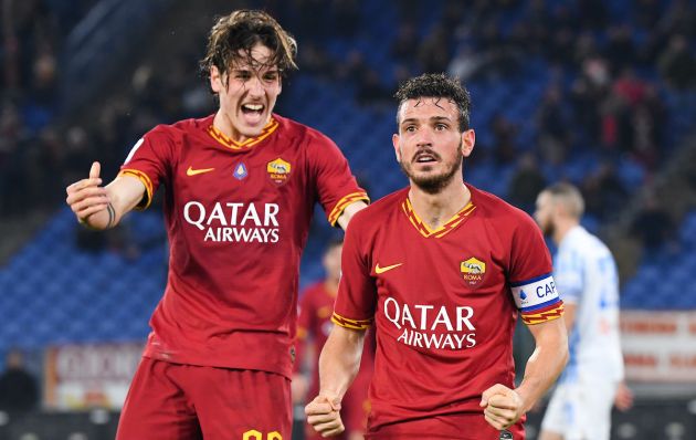 AS Roma's Italian midfielder Nicolo Zaniolo (L) celebrates with AS Roma's Italian defender Alessandro Florenzi
