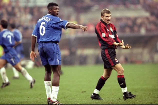 26 Oct 1999: Marcel Desailly marshalls the Chelsea defence as Andriy Shevchenko of AC Milan shows his frustration during the UEFA Champions League Group H match at the San Siro Stadium in Milan, Italy. The game ended 1-1. Mandatory Credit: Michael Steele /Allsport