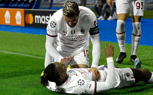 AC Milan's Portuguese forward Rafael Leao celebrates with AC Milan's French defender Theo Hernandez