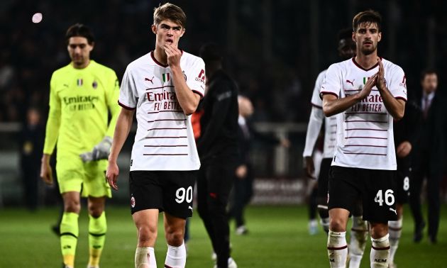 AC Milans midfielder Belgian Charles De Ketelaere and AC Milans Italian defender Matteo Gabbia react at the end of the Italian Serie A football match between Torino and AC Milan at the Grande Torino Stadium in Turin on October 30, 2022. - Torino won 2-1. (Photo by MARCO BERTORELLO / AFP) (Photo by MARCO BERTORELLO/AFP via Getty Images)