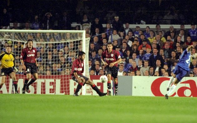 Gianfranco Zola of Chelsea sends a shot towards the Milan