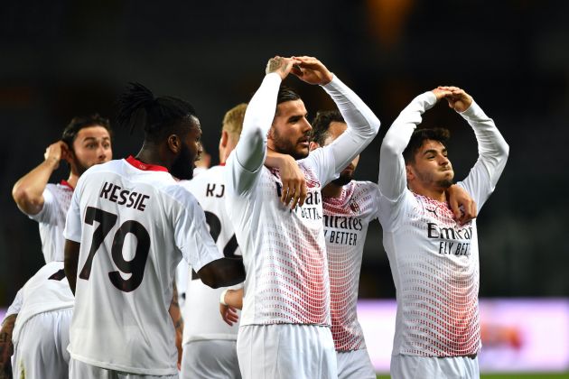 TURIN, ITALY - MAY 12: Theo Hernandez of A.C. Milan celebrates with team mates after scoring their side's first goal during the Serie A match between Torino FC and AC Milan at Stadio Olimpico di Torino on May 12, 2021 in Turin, Italy. Sporting stadiums around Italy remain under strict restrictions due to the Coronavirus Pandemic as Government social distancing laws prohibit fans inside venues resulting in games being played behind closed doors. (Photo by Valerio Pennicino/Getty Images)