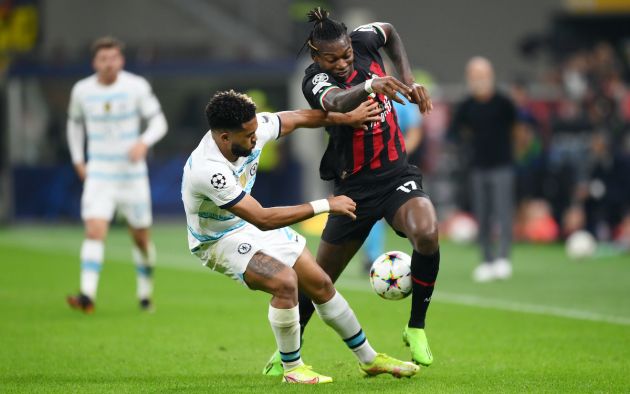 Rafael Leao of AC Milan battles for possession with Reece James of Chelsea
