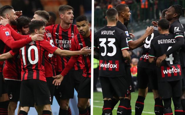 MILAN, ITALY - JANUARY 06: Junior Messias (R) of AC Milan is congratulated by team mates after he scored the second goal to make it 2-0 during the Serie A match between AC Milan and AS Roma at Stadio Giuseppe Meazza on January 06, 2022 in Milan, Italy. (Photo by Marco Luzzani/Getty Images)