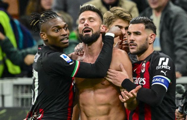 AC Milan's French forward Olivier Giroud (C) celebrates with AC Milan's Portuguese forward Rafael Leao (L) and AC Milan's French defender Theo Hernandez after scoring his side's second goal during the Italian Serie A football match between AC Milan and Spezia on November 5, 2022 at the San Siro stadium in Milan. (Photo by MIGUEL MEDINA / AFP) (Photo by MIGUEL MEDINA/AFP via Getty Images)