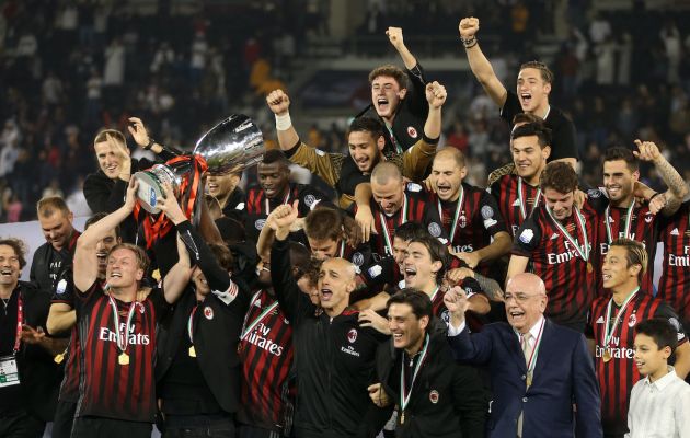 AC Milan team celebrating with Trophy after winning the Supercoppa TIM