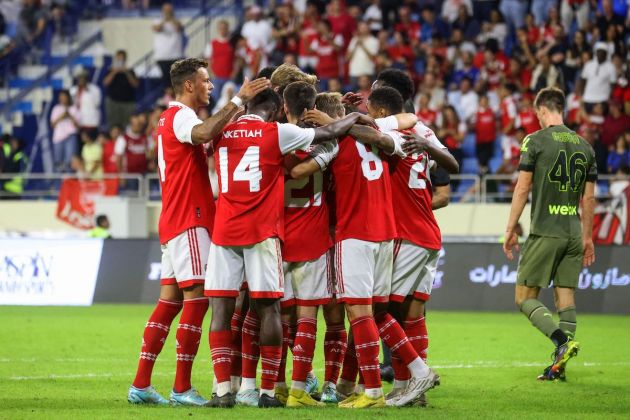 Arsenal's players celebrate their second goal during the AC Milan and Arsenal friendly match at the Dubai Super Cup 2022, at the al-Maktoum stadium in the Gulf emirate, on December 13, 2022. (Photo by KARIM SAHIB / AFP) (Photo by KARIM SAHIB/AFP via Getty Images)