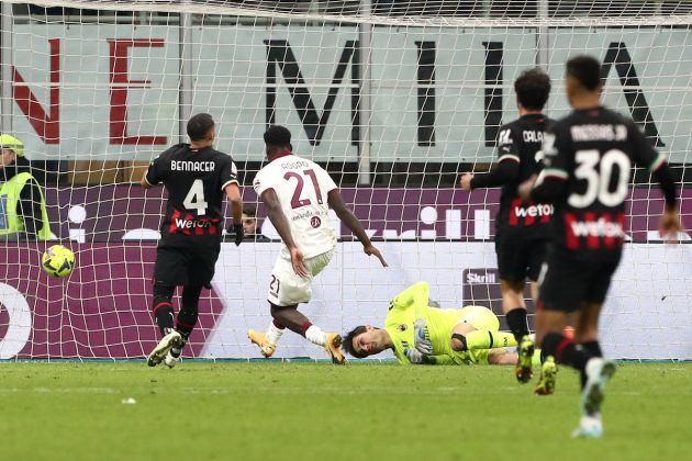 MILAN, ITALY - JANUARY 11: Michel Ndary Adopo of Torino FC scores the team's first goal during the Coppa Italia match between AC Milan and Torino FC at Stadio Giuseppe Meazza on January 11, 2023 in Milan, Italy. (Photo by Marco Luzzani/Getty Images)