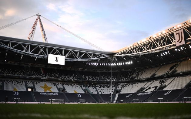 A view shows the logo of the Juventus Italian Serie A football club on April 21, 2021 at the Juventus stadium in Turin. - Italian champions Juventus, one of the driving forces behind the the new European Super League said on April 21, 2021 the project could not go ahead as planned after the withdrawal of most of the 12 founding teams. (Photo by Marco BERTORELLO / AFP) (Photo by MARCO BERTORELLO/AFP via Getty Images)