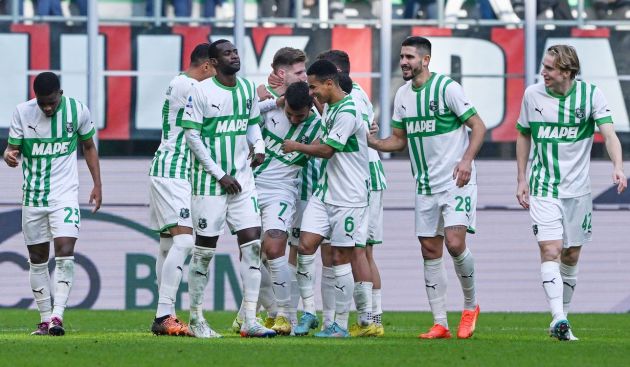 Sassuolo's players celebrate after Sassuolo's Brazilian midfielder Matheus Henrique