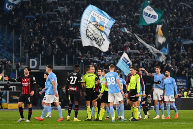FBL-ITA-SERIEAplayers greet at the end of the Italian Serie A football match between Lazio and AC Milan on January 24, 2023 at the Olympic stadium in Rome. (Photo by Andreas SOLARO / AFP) (Photo by ANDREAS SOLARO/AFP via Getty Images)-LAZIO-AC MILAN