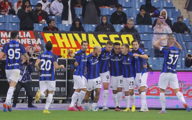 Inter's players celebrate their second goal during the Italian SuperCup football match between AC Milan and Inter Milan, at the King Fahd International Stadium in Riyadh on January 18, 2023. (Photo by Giuseppe CACACE / AFP) (Photo by GIUSEPPE CACACE/AFP via Getty Images)