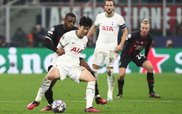 Son Heung-Min of Tottenham Hotspur is challenged by Pierre Kalulu