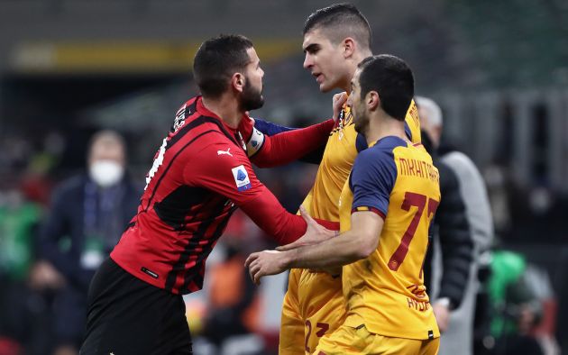 Gianluca Mancini of AS Roma argues with Theo Hernandez of AC Milan