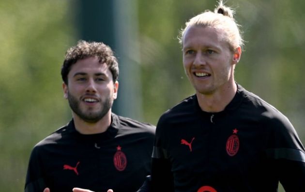 Simon Kjaer and Davide Calabria of AC Milan