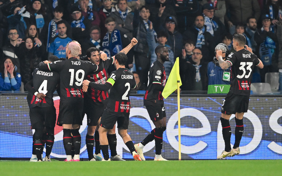 AC Milan celebrating after scoring a goal against Napoli in the UCL Quarterfinals second round