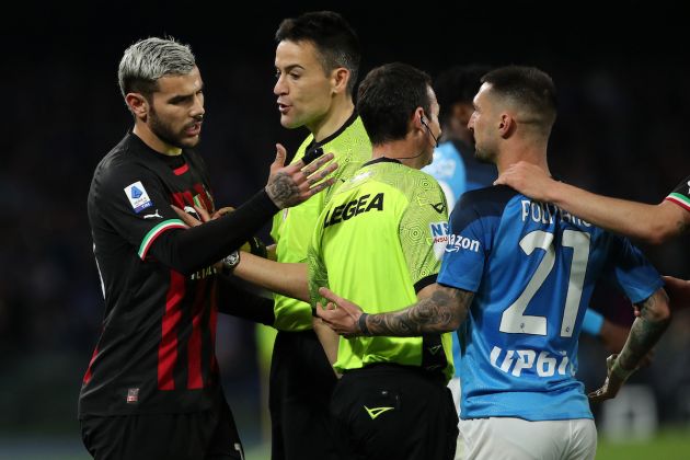 Theo Hernandez of AC Milan arguing with Matteo Politano of SSC Napoli