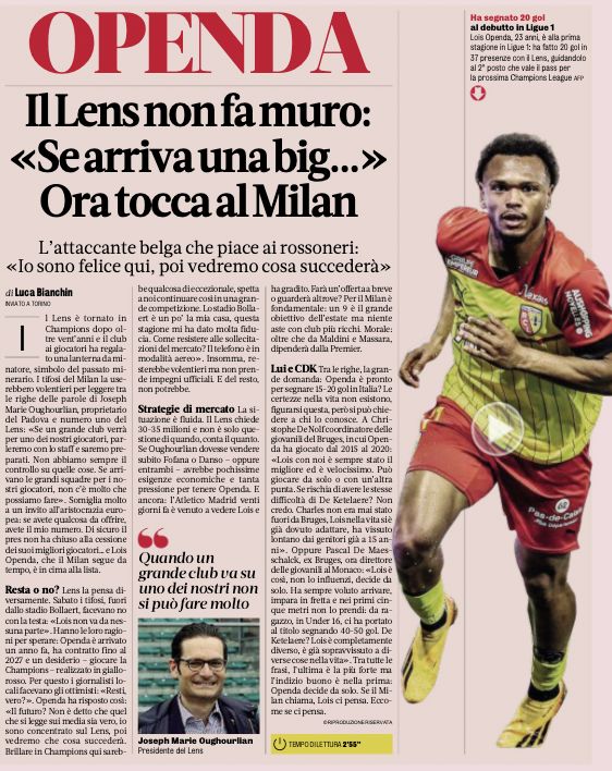 GdS: Milan make Openda their No.1 target as Lens open to potential sale