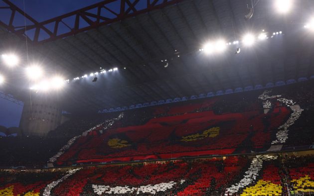 MILAN, ITALY - MAY 10: A general view of the inside of the stadium as fans of AC Milan form a TIFO in the shape of a Devil prior to the UEFA Champions League semi-final first leg match between AC Milan and FC Internazionale at San Siro on May 10, 2023 in Milan, Italy. (Photo by Clive Rose/Getty Images)