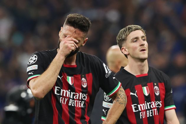 Olivier Giroud and Alexis Saelemaekers of AC Milan