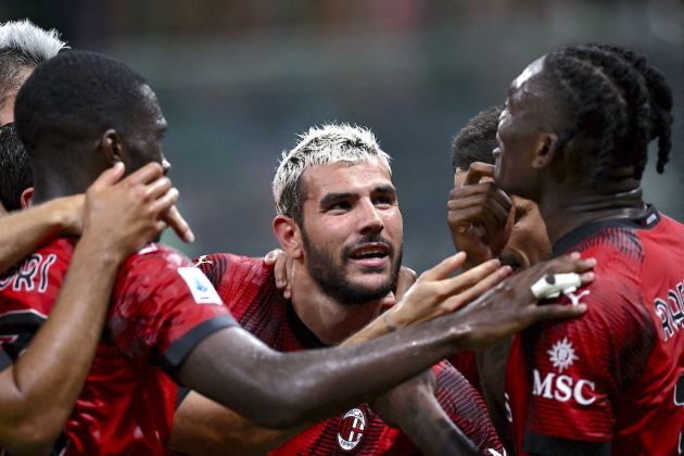 AC Milan's French defender (C) Theo Hernandez celebrates