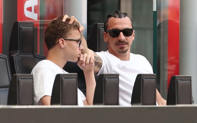 Zlatan Ibrahimovic of AC Milan interacts with his son Vincent Ibrahimovic