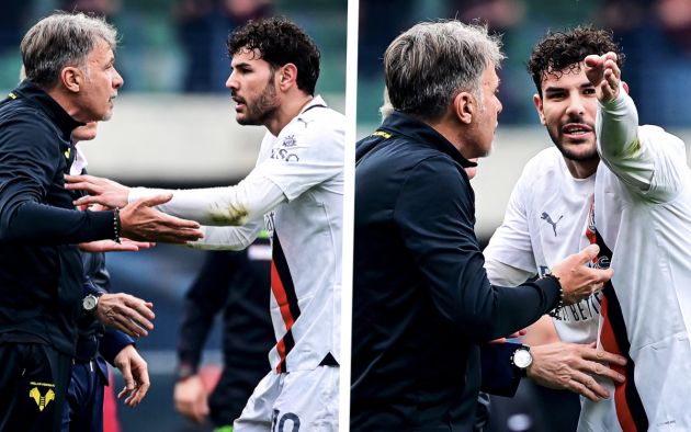 Hellas Verona's Italian coach Marco Baroni (L) argues with AC Milan's French defender #19 Theo Hernandez