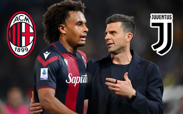 Thiago Motta, Head Coach of Bologna FC, (R) speaks with Joshua Zirkzee