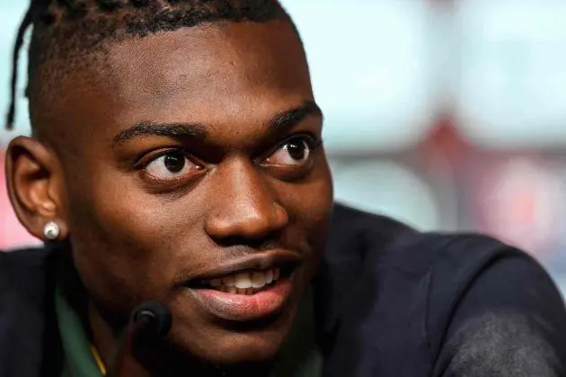 Portugal's forward Rafael Leao attends a press conference