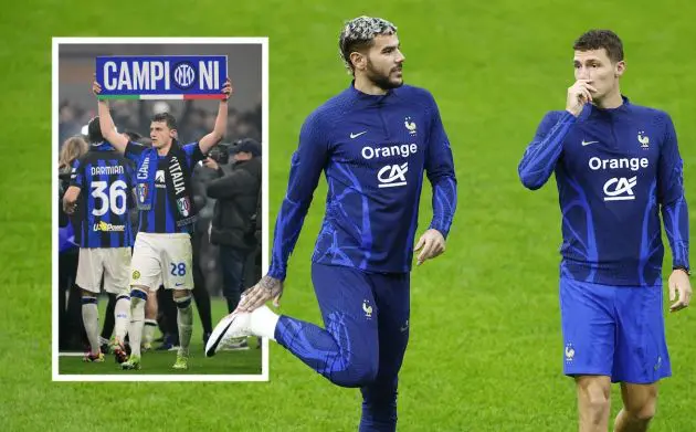 Theo Hernandez (L) speaks with France's defender Benjamin Pavard