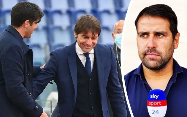 coach Paulo Fonseca (L) and Inter Milan's Italian coach Antonio Conte