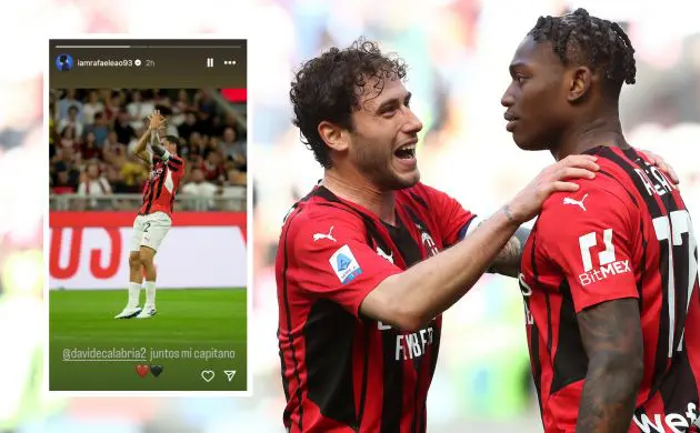 Rafael Leao celebrates with Davide Calabria of AC Milan