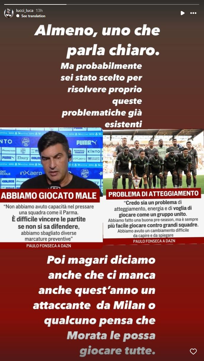Lucci message Parma-Milan Insta