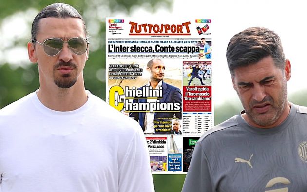 Zlatan Ibrahimovic (L) AC Milan Senior Advisor speaks with Paulo Fonseca