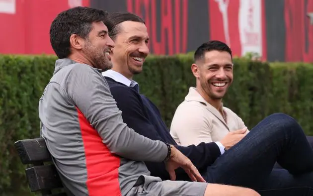 Head coach AC Milan Paulo Fonseca, AC Milan Senior Advisor to Ownership Zlatan Ibrahimovic and AC Milan chief scout Geoffrey Moncada