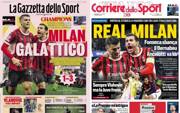front pages real madrid 1-3 milan