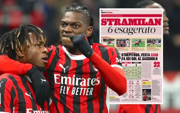Samuel Chukwueze of AC Milan celebrate with teammates Rafael Leao